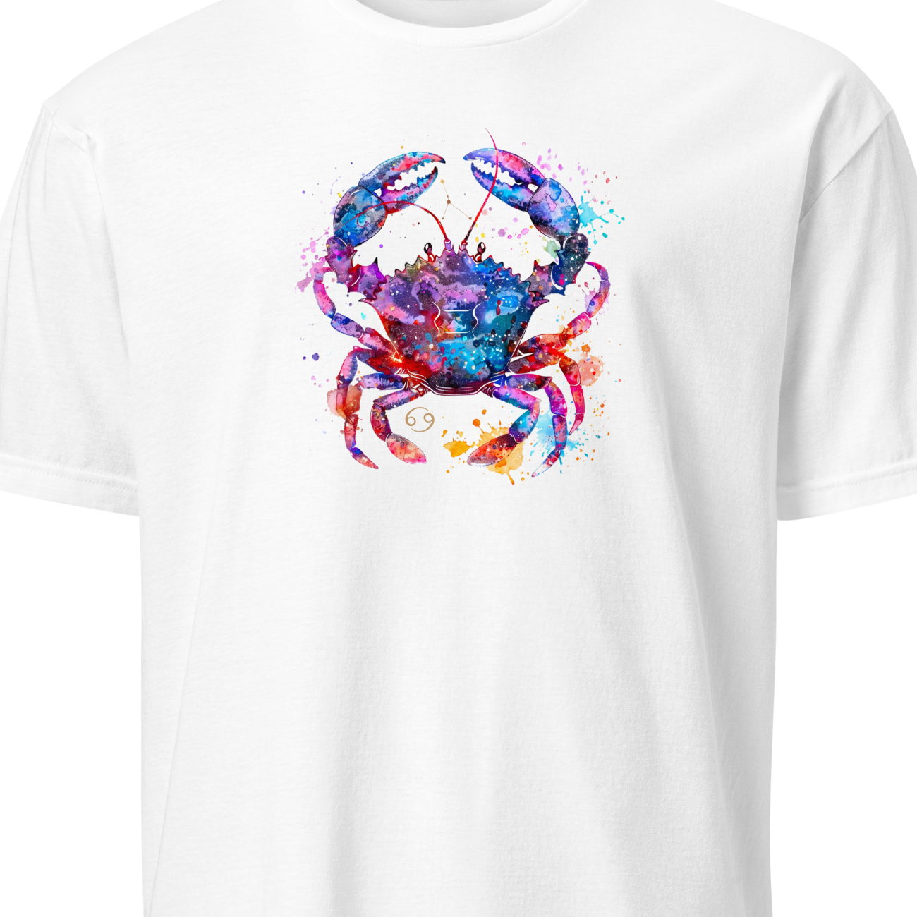 White t-shirt with a colorful crab design on a white background