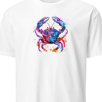 White t-shirt with a colorful crab design on a white background