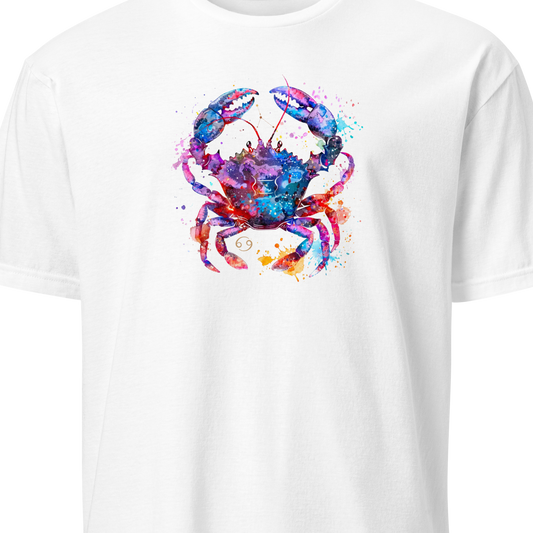 White t-shirt with a colorful crab design on a white background