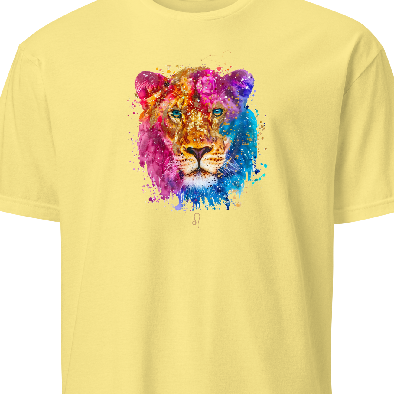 Yellow t-shirt with a colorful lion graphic on a white background