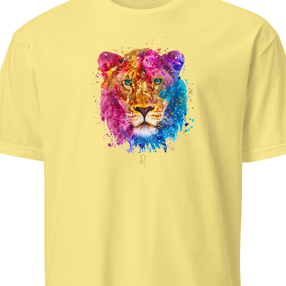 Yellow t-shirt with a colorful lion graphic on a white background