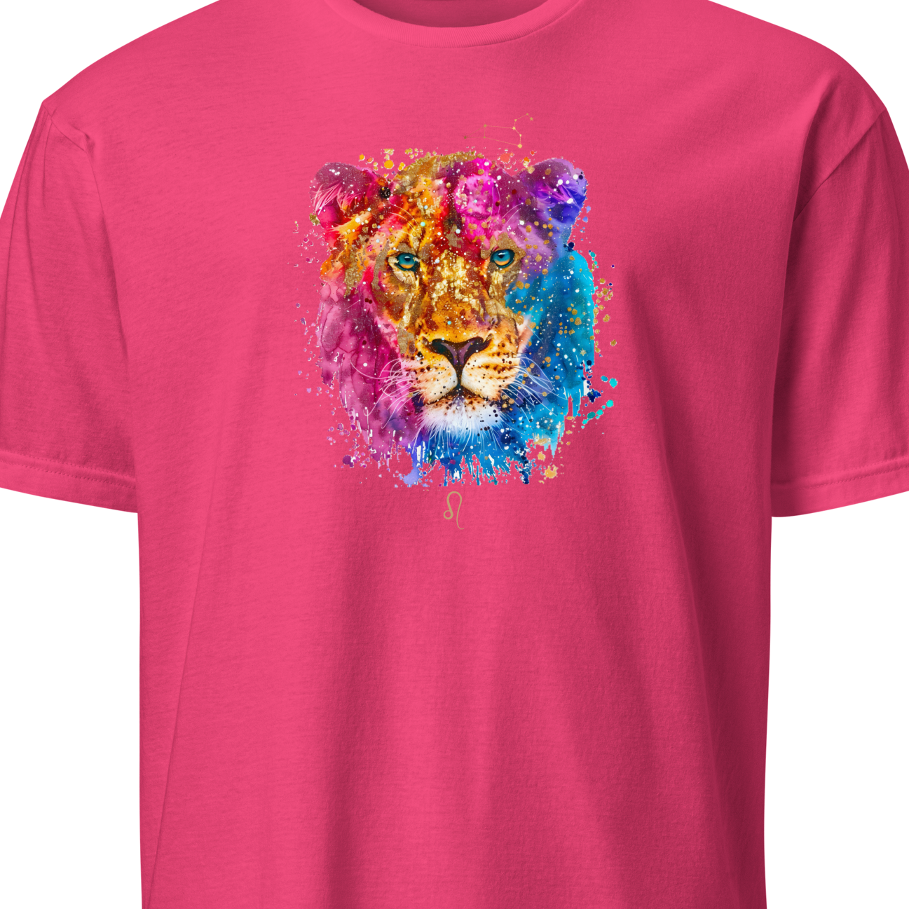 Pink t-shirt with a colorful lion graphic on a white background