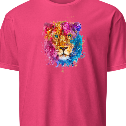 Pink t-shirt with a colorful lion graphic on a white background