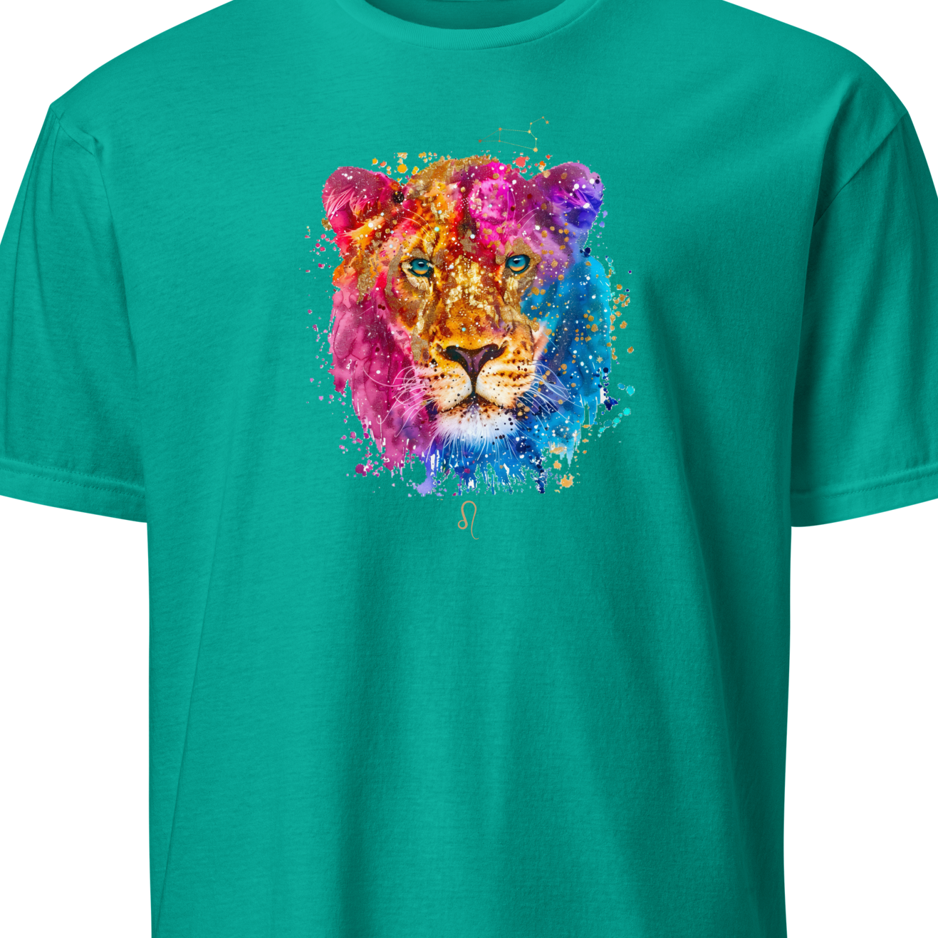 Teal t-shirt with a colorful lion graphic on a white background