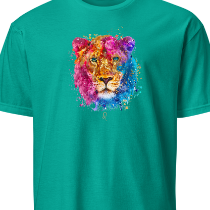 Teal t-shirt with a colorful lion graphic on a white background