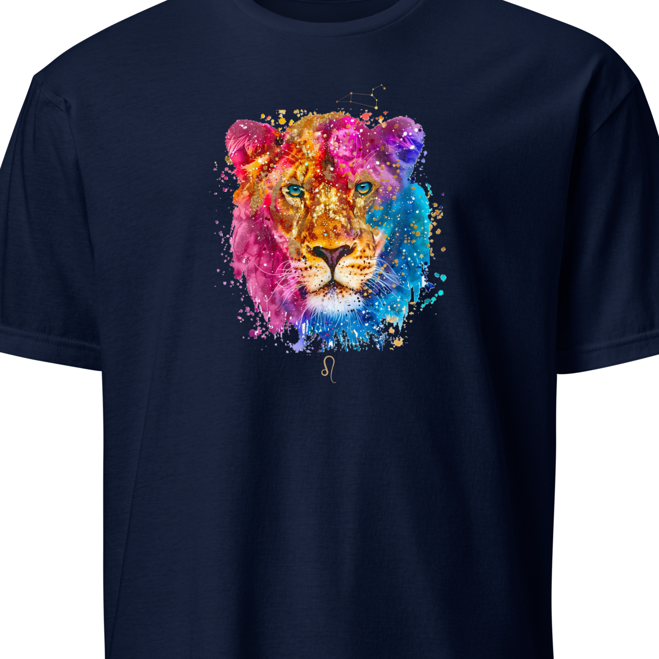 Navy blue t-shirt with a colorful lion graphic on a white background