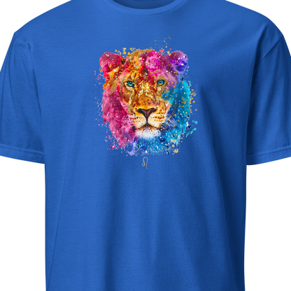 Blue t-shirt with a colorful lion graphic on a white background