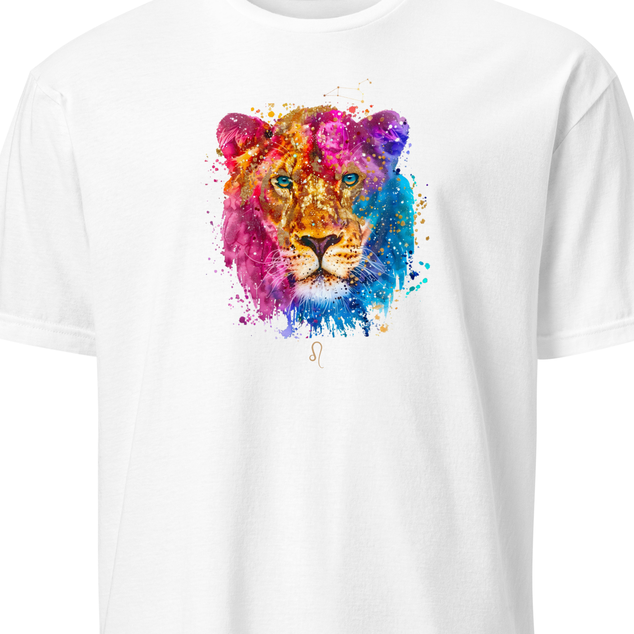 White t-shirt with a colorful lion graphic on a white background