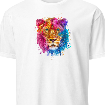 White t-shirt with a colorful lion graphic on a white background
