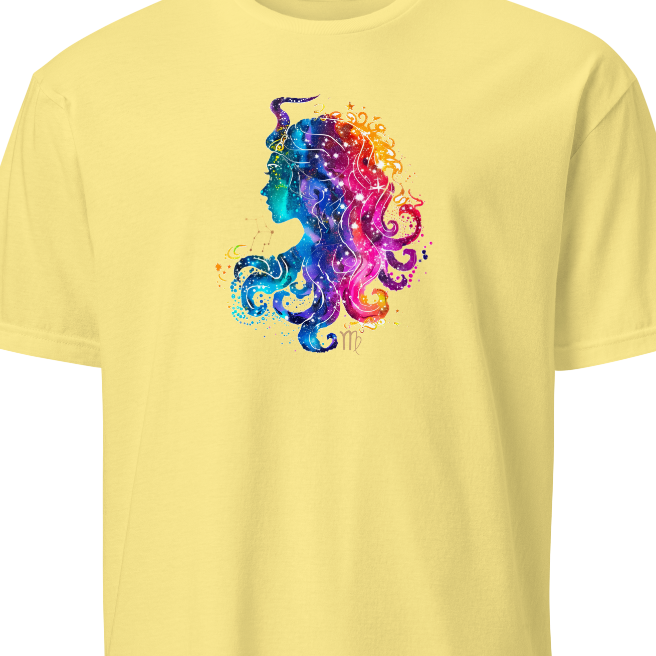 Yellow t-shirt with a colorful seahorse design on a white background
