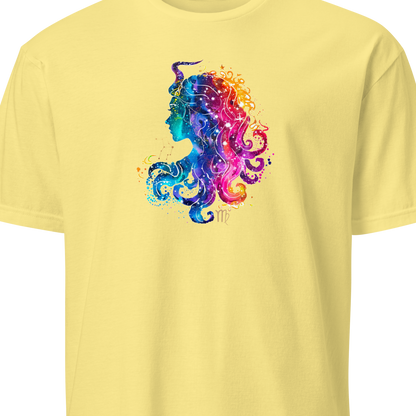 Yellow t-shirt with a colorful seahorse design on a white background