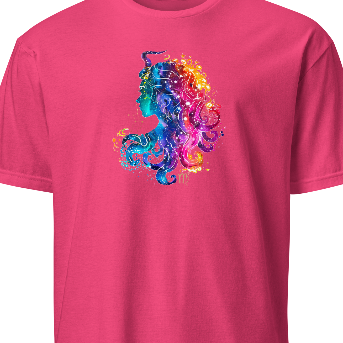 Pink t-shirt with a colorful seahorse design on a white background