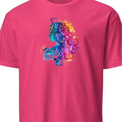 Pink t-shirt with a colorful seahorse design on a white background