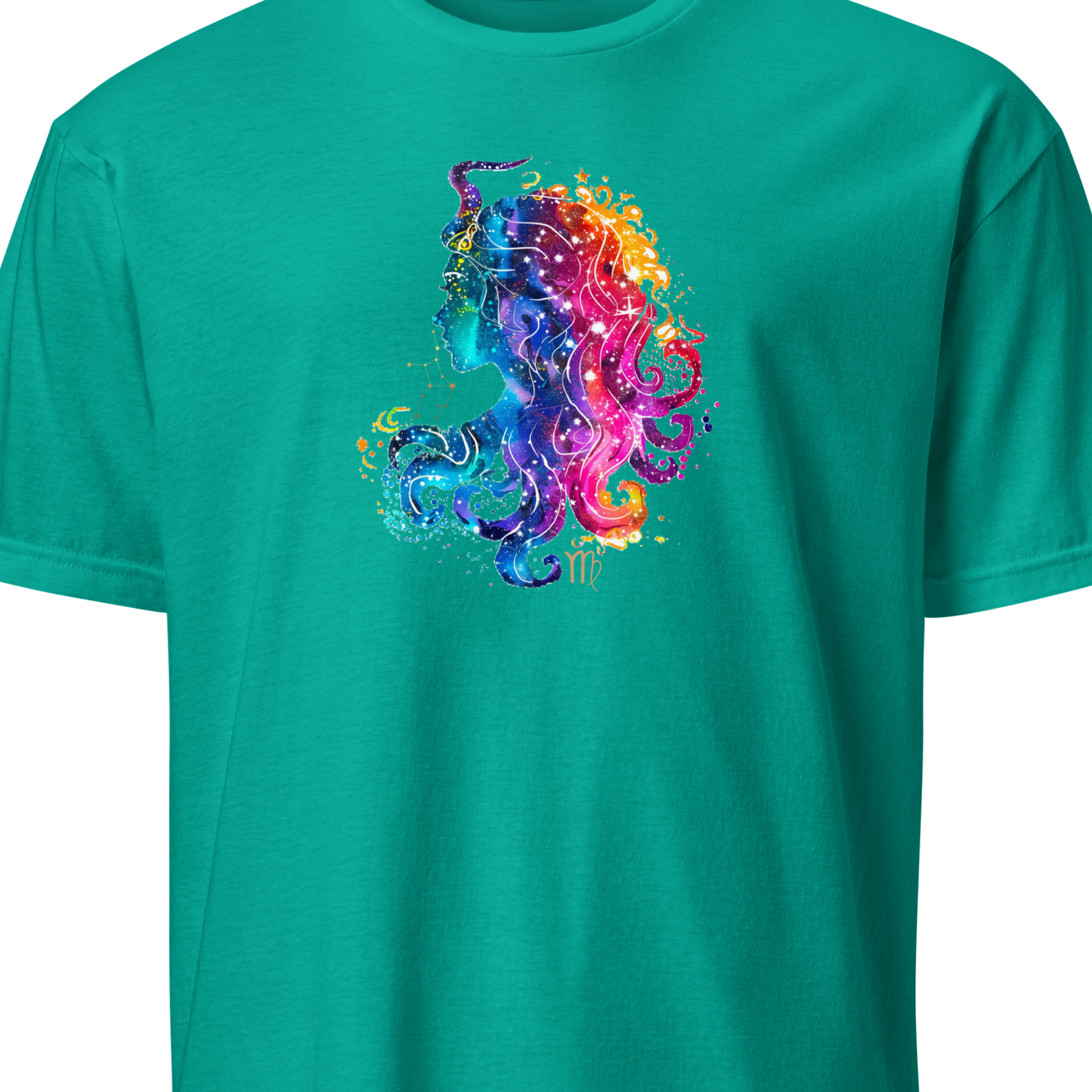 Teal t-shirt with a colorful virgo design on a white background
