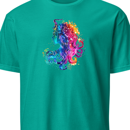 Teal t-shirt with a colorful virgo design on a white background