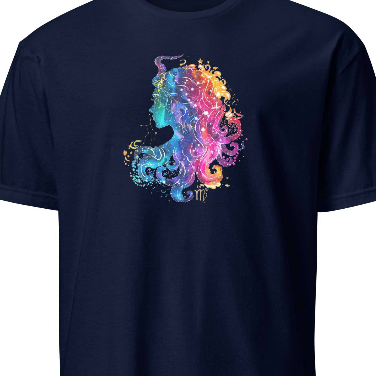 Navy blue t-shirt with a colorful seahorse design on a white background