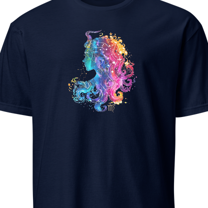Navy blue t-shirt with a colorful seahorse design on a white background