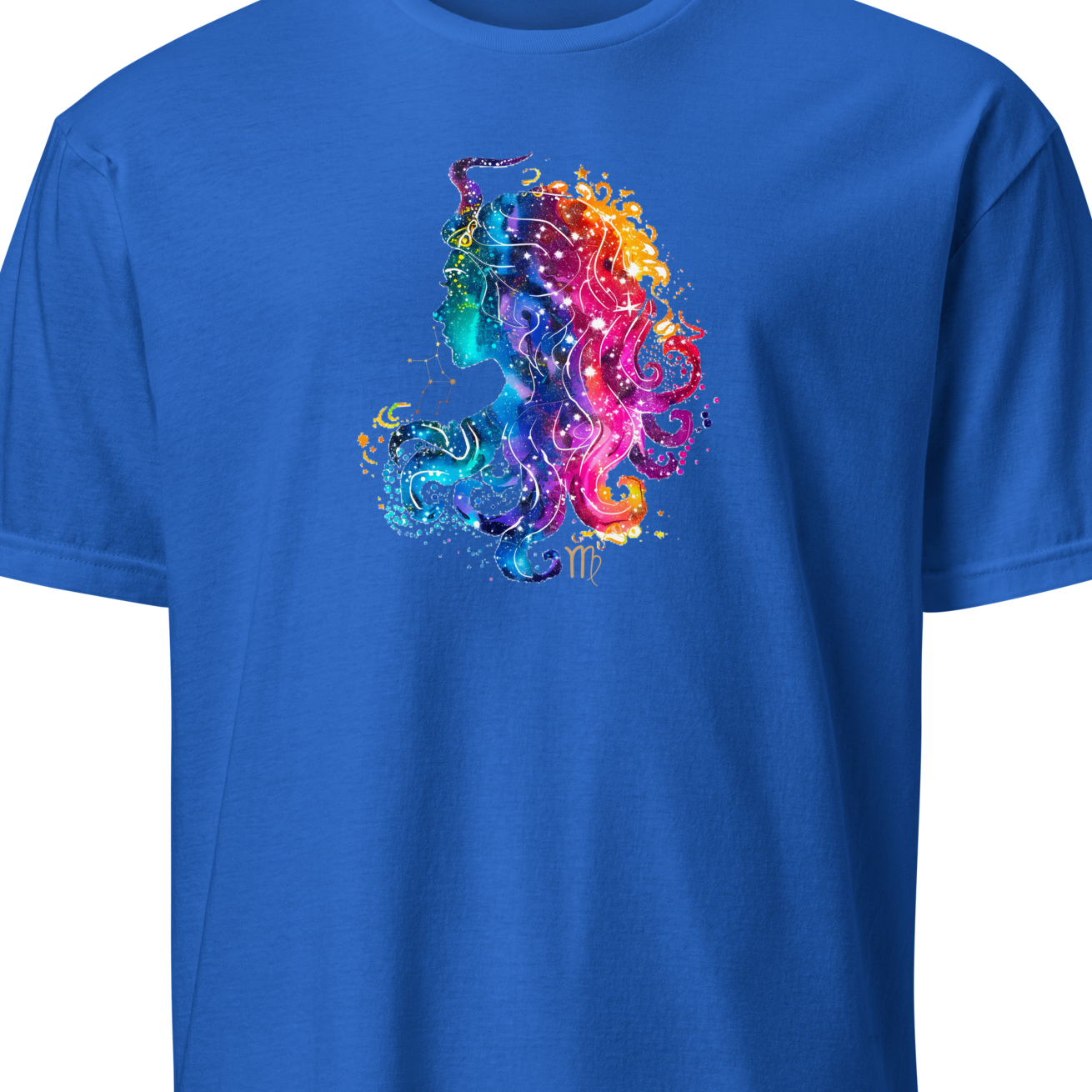 Blue t-shirt with a colorful design on a white background
