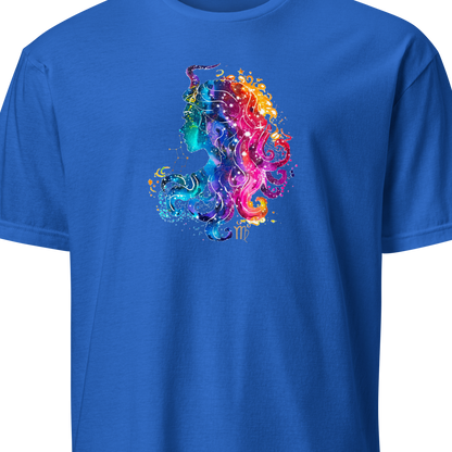 Blue t-shirt with a colorful design on a white background