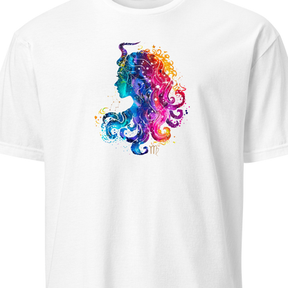 White t-shirt with a colorful octopus design on a white background