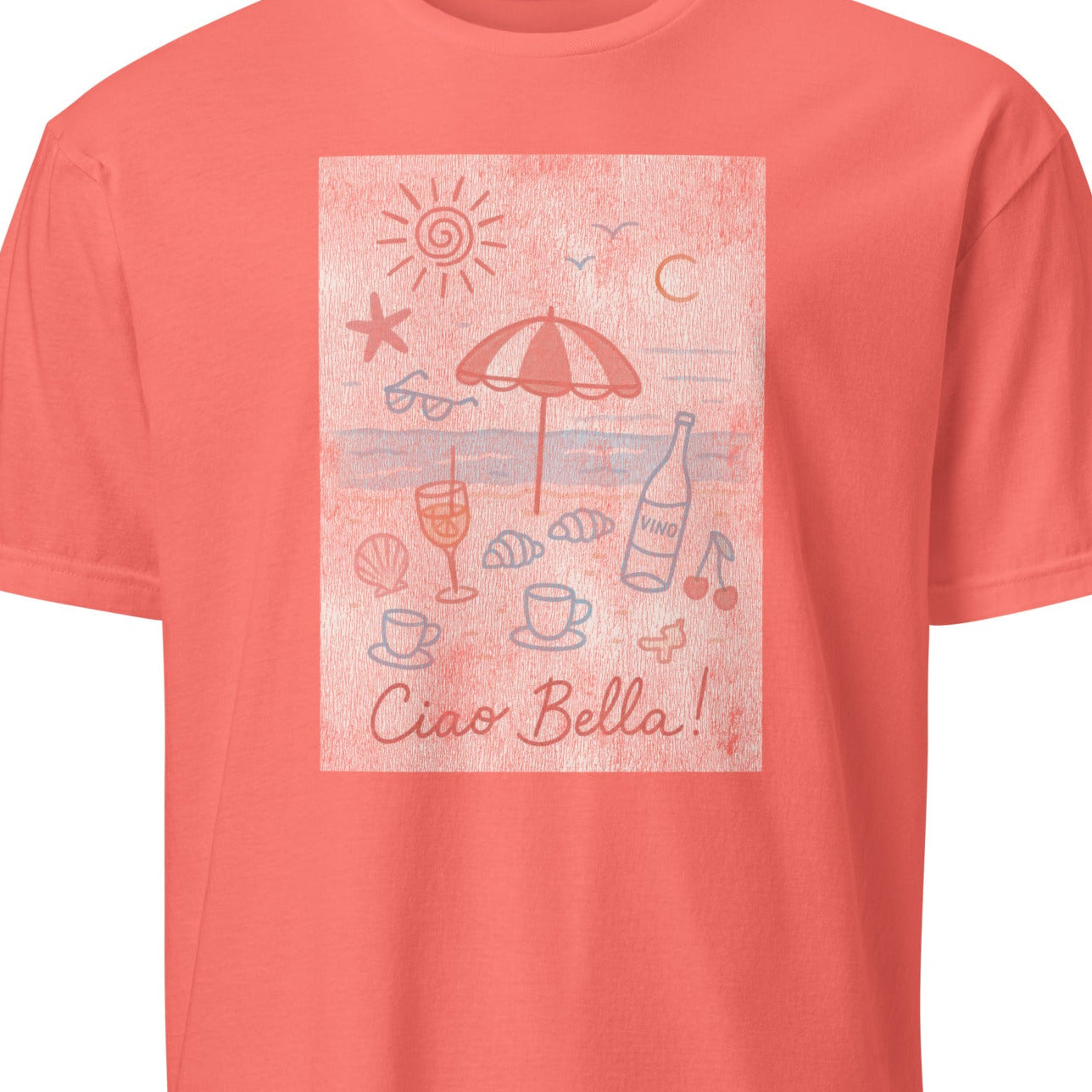 Coral t-shirt with beach-themed graphic and 'Ciao Bella!' text