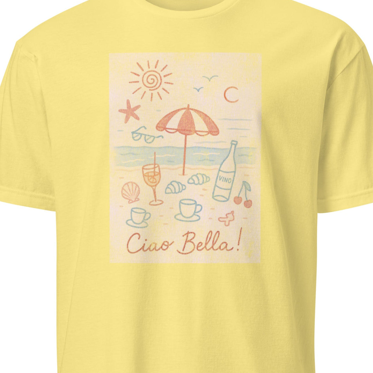 Yellow t-shirt with a beach-themed graphic and 'Ciao Bella!' text