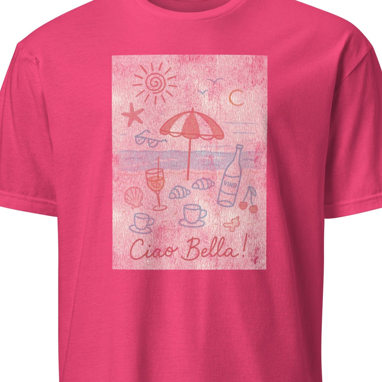 Pink t-shirt with beach-themed graphic and 'Ciao Bella!' text 