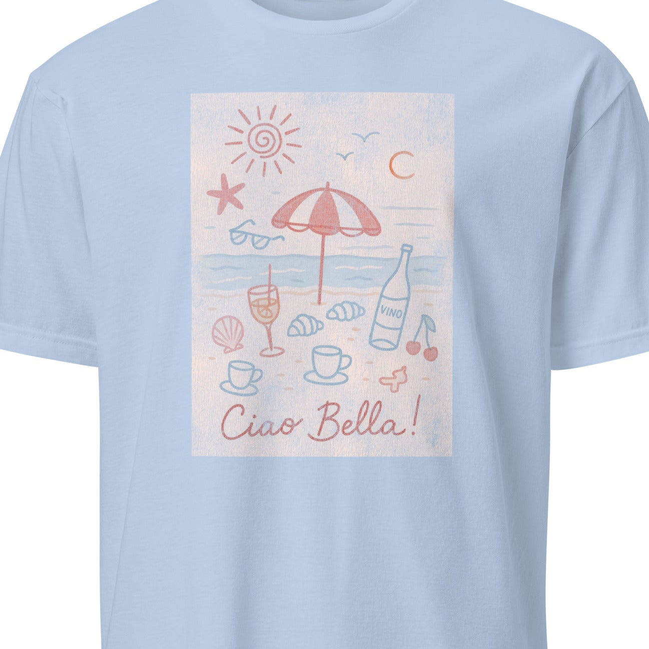Light blue t-shirt with a beach-themed graphic and 'Ciao Bella!' text 
