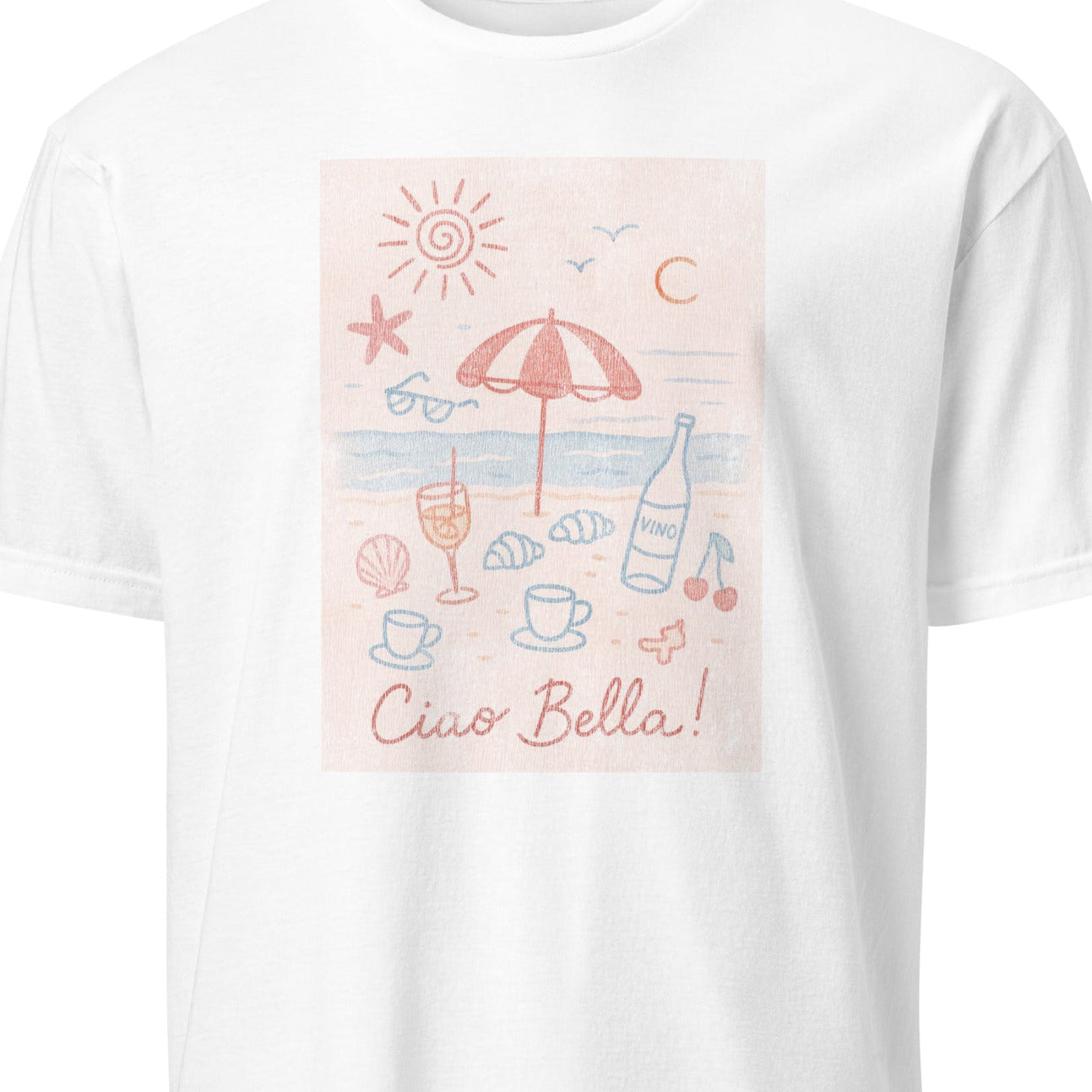 White t-shirt with a beach-themed graphic and 'Ciao Bella!' text 