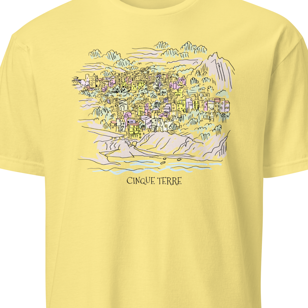 Yellow t-shirt with a colorful graphic design 