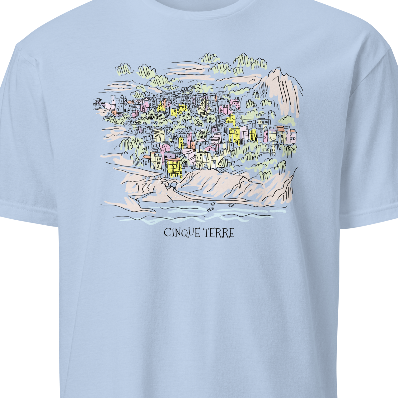 White t-shirt with a blue graphic of a character holding a paddle 