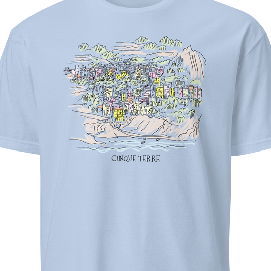 White t-shirt with a blue graphic of a character holding a paddle 