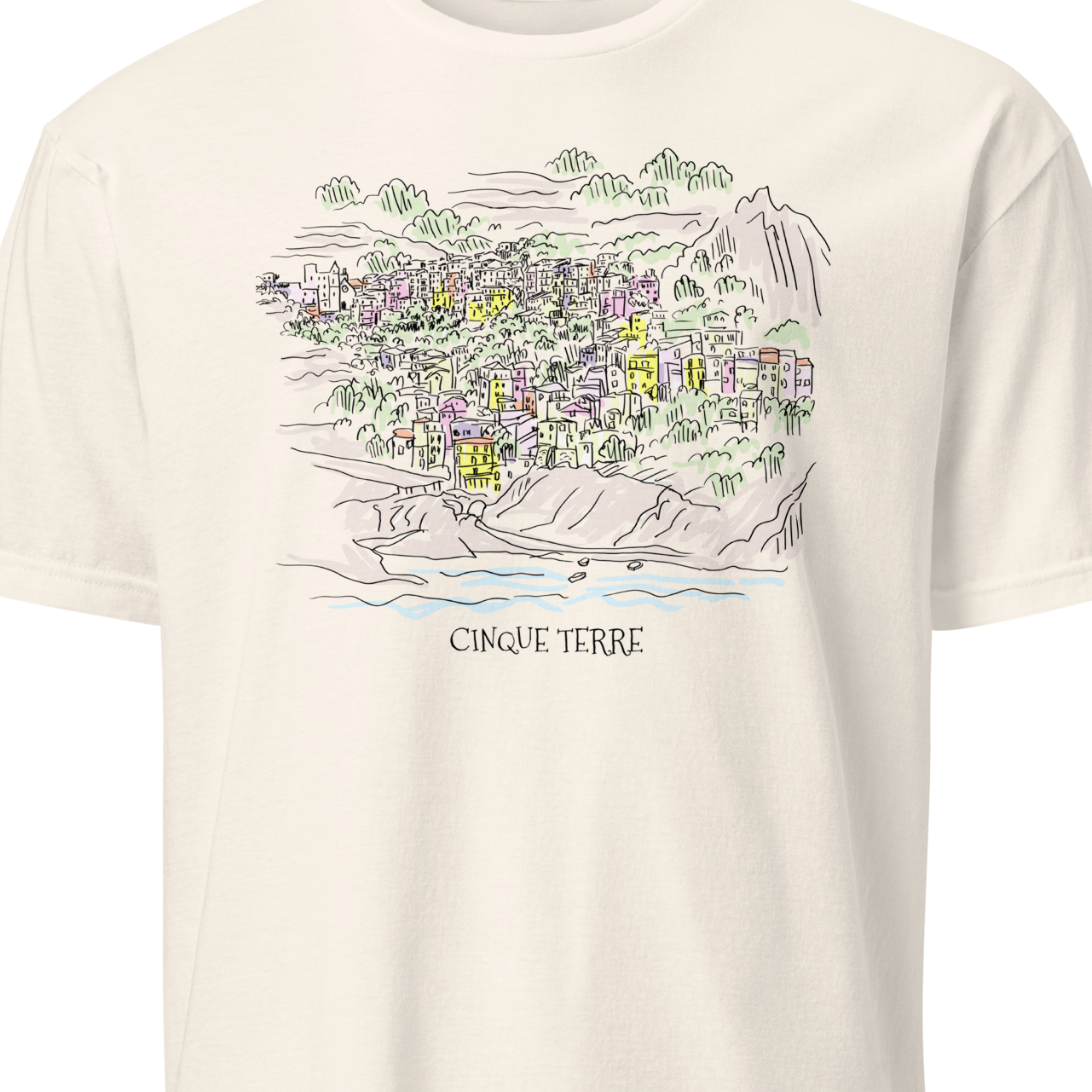 White t-shirt with a blue graphic of a character holding a paddle 