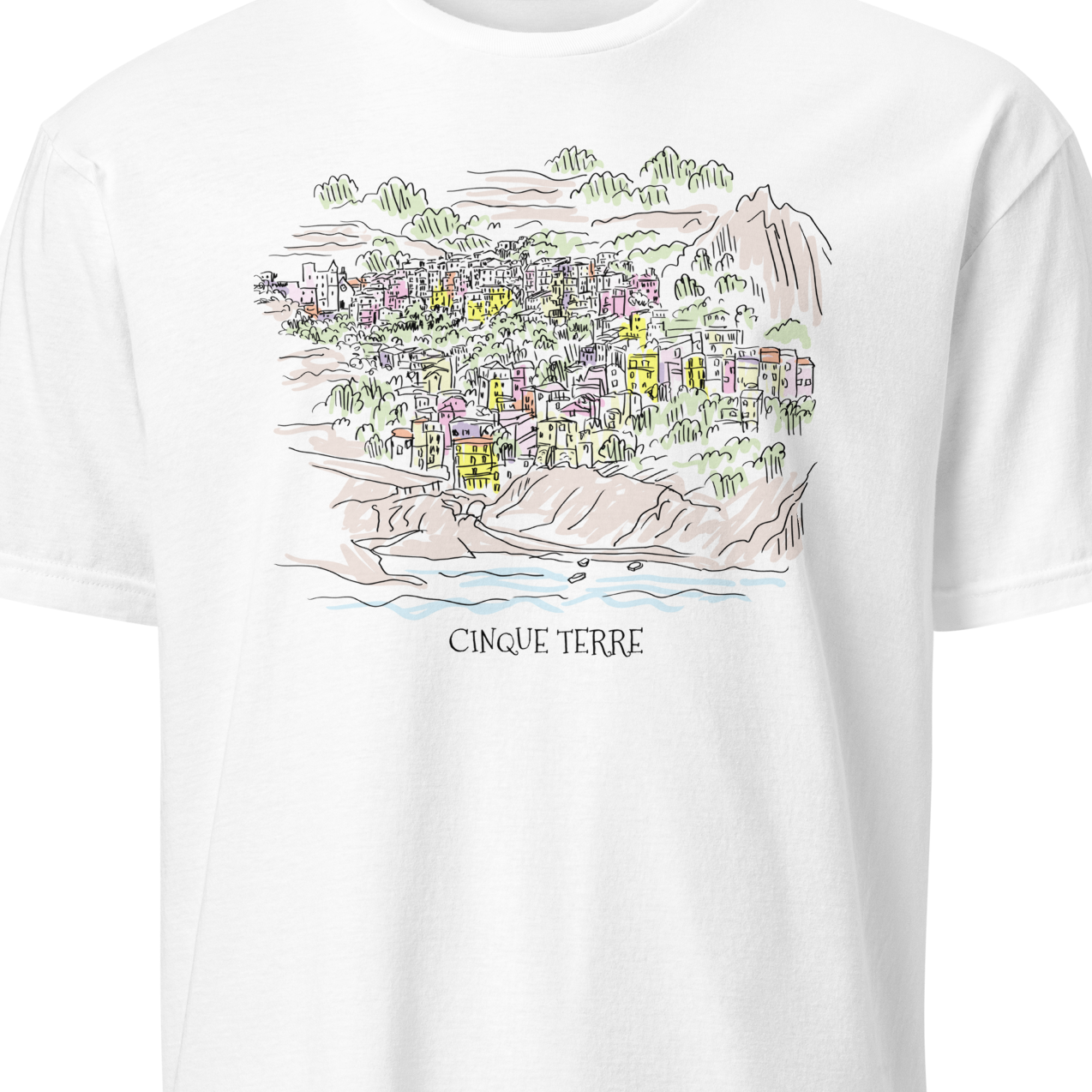 White t-shirt with a colorful graphic of Cinque Terre