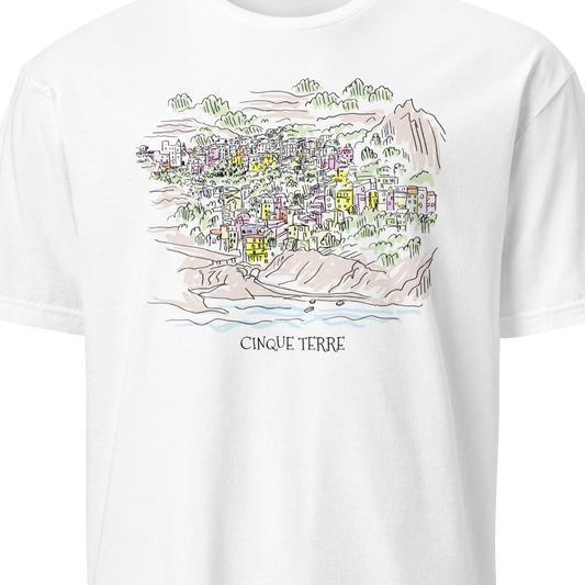 White t-shirt with a colorful graphic of Cinque Terre
