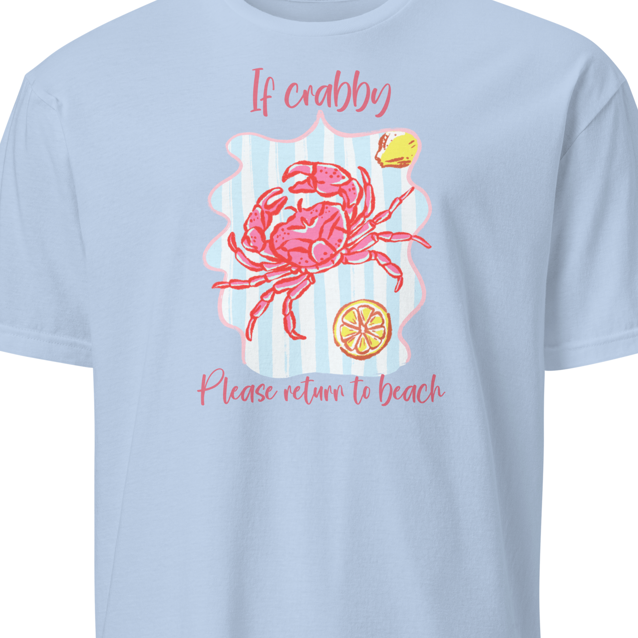 Light blue t-shirt with a pink crab graphic and text 