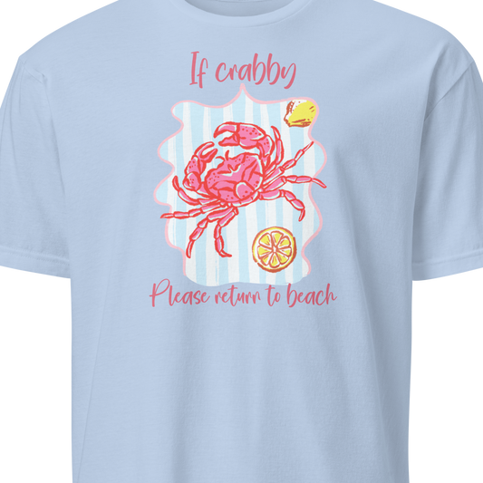 Light blue t-shirt with a pink crab graphic and text 