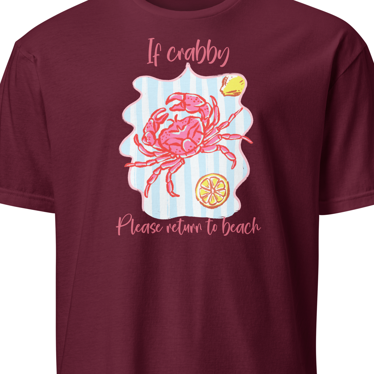 Maroon t-shirt with a crab graphic and text