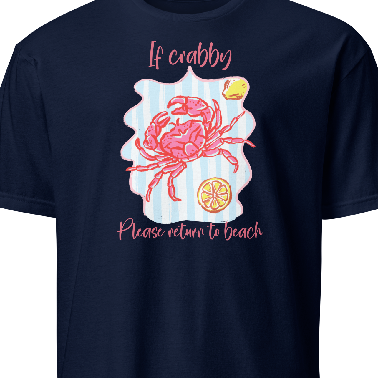 Navy blue t-shirt with a pink crab graphic and text 