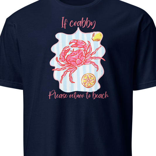 Navy blue t-shirt with a pink crab graphic and text 