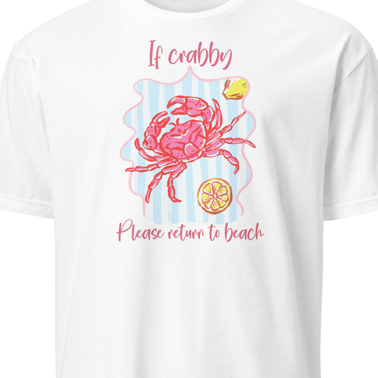White t-shirt with a pink crab graphic and text 