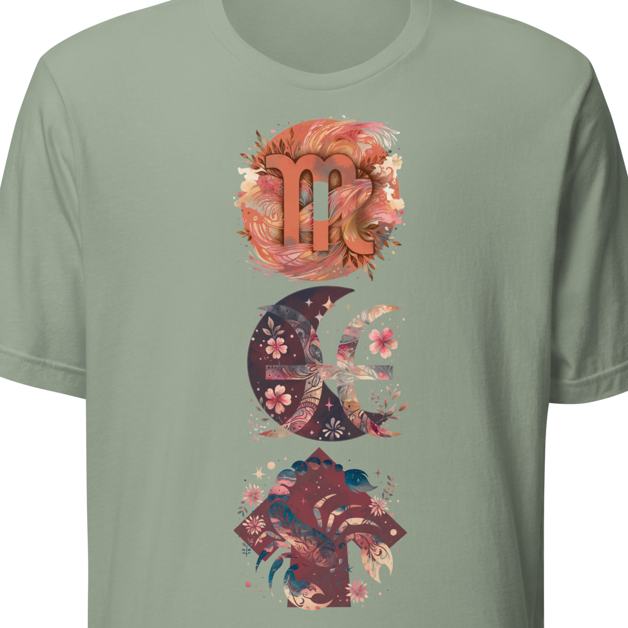 Green t-shirt with floral zodiac design 