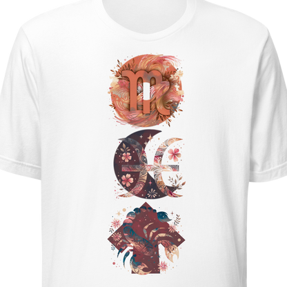 White t-shirt with colorful graphic design on a white background