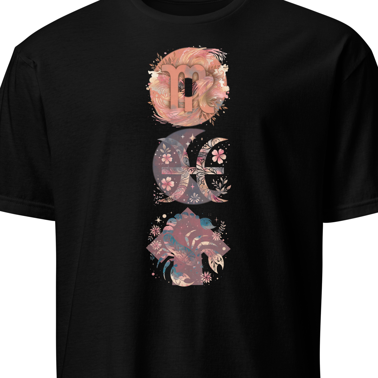Black t-shirt with a colorful bear graphic design on a white background