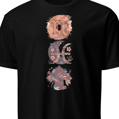Black t-shirt with a colorful bear graphic design on a white background