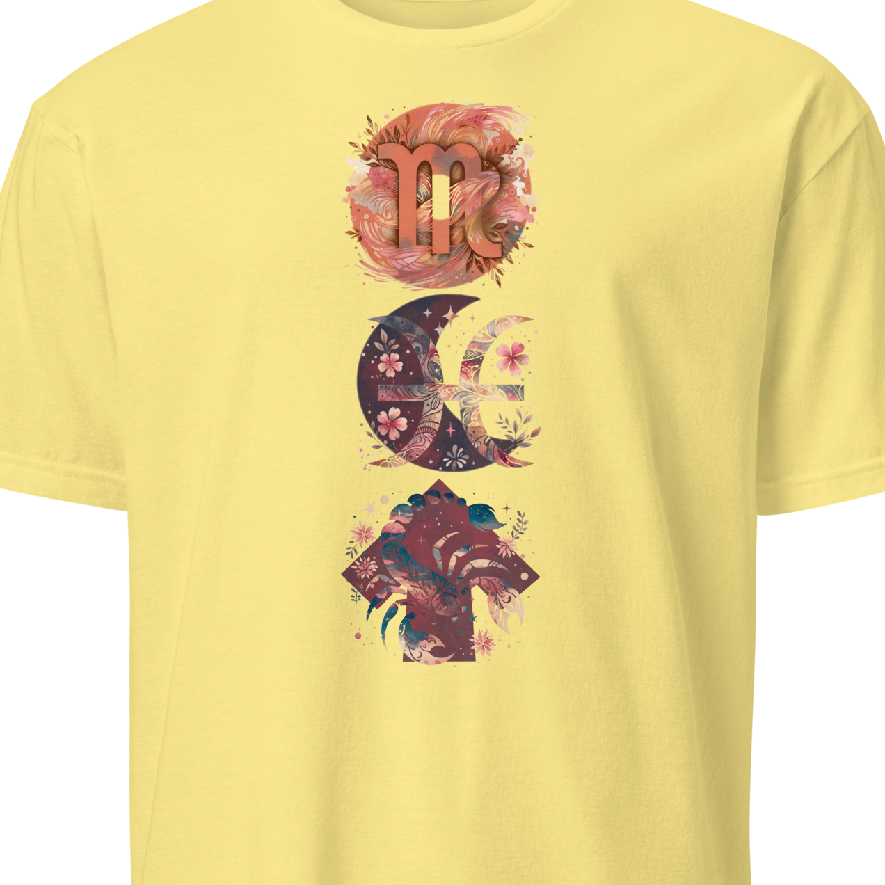 Yellow t-shirt with colorful celestial design 