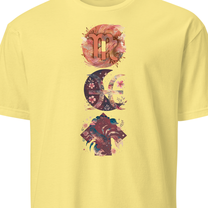 Yellow t-shirt with colorful celestial design 