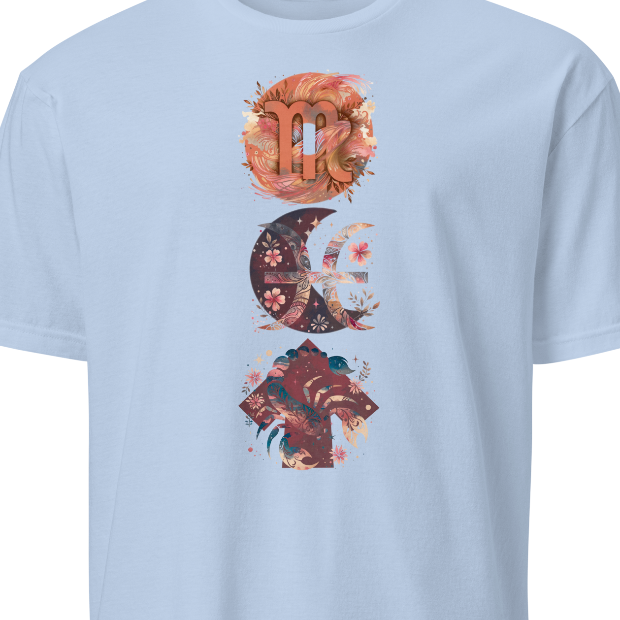 Light blue t-shirt with a colorful graphic design 