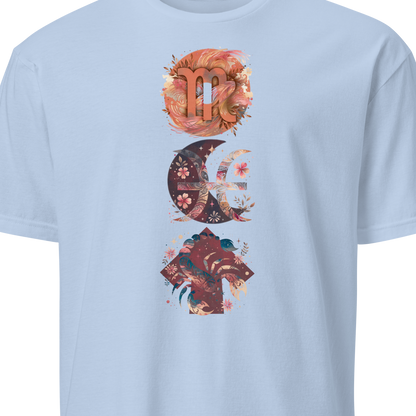 Light blue t-shirt with a colorful graphic design 