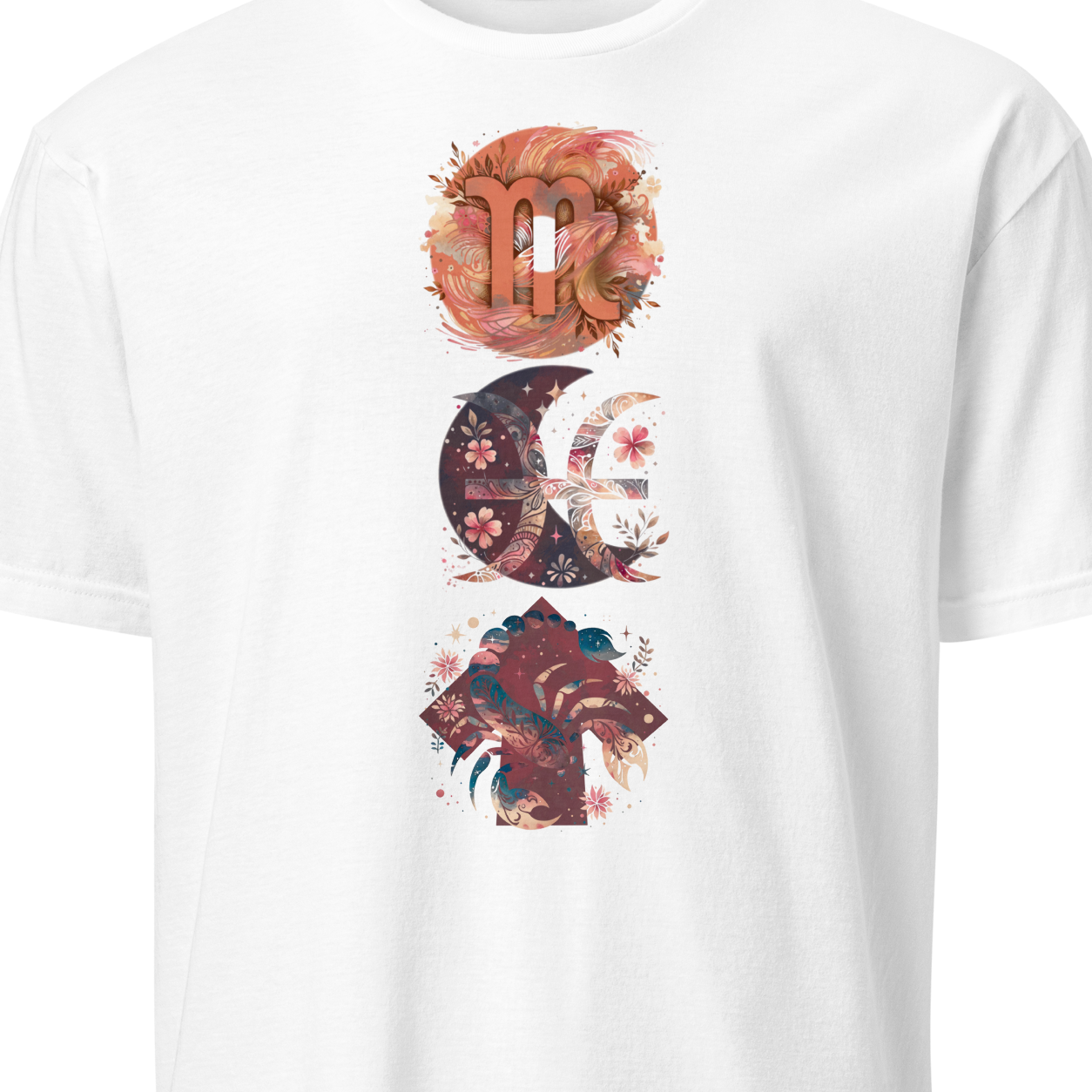 White t-shirt with colorful celestial design